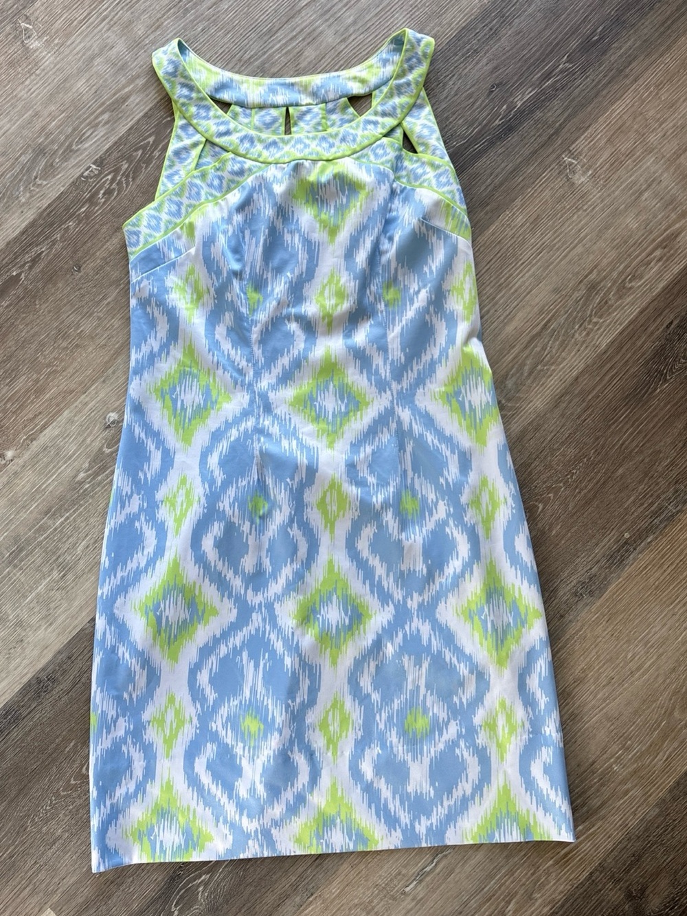 Gretchen Scott Isosceles Dress Womens Small Green Blue Ikat Stretch Knee Length